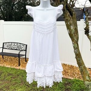 Shabby Chic White Flutter Sleeve Midi Dress | Lace Hem | Size Small
